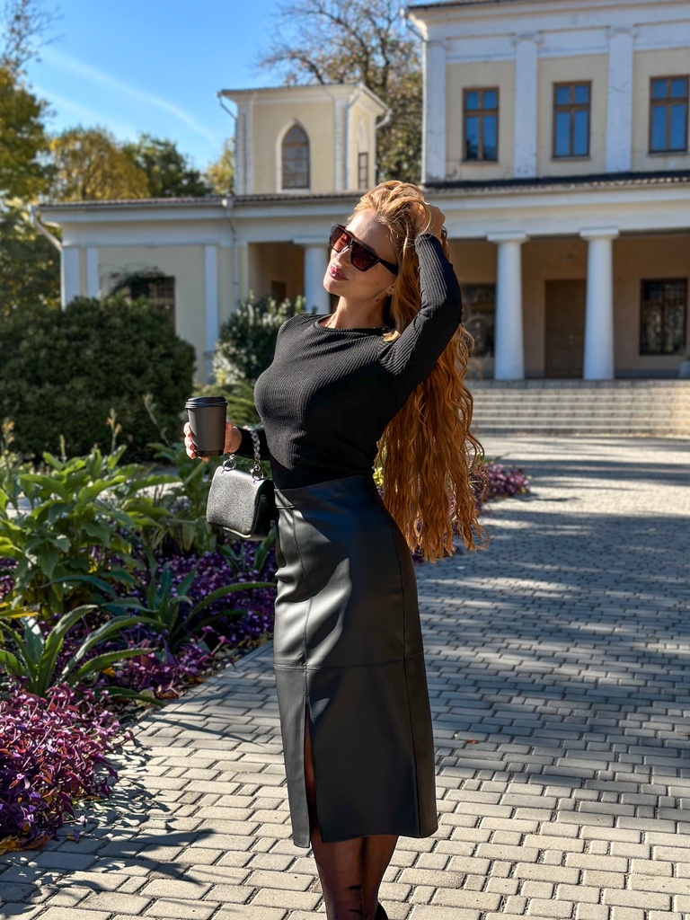 Спідниця максі кожа з розрізом спереду